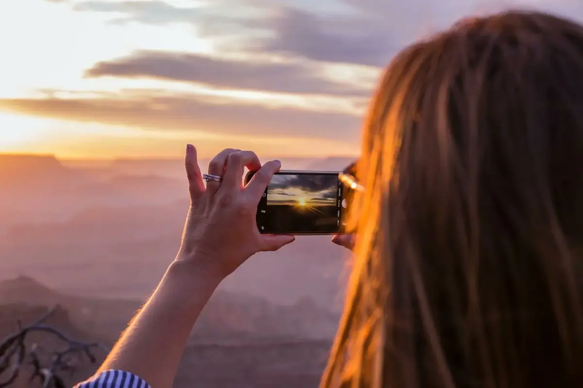 Travel Travel photographer Travel smartphone Woman Sunset selfie