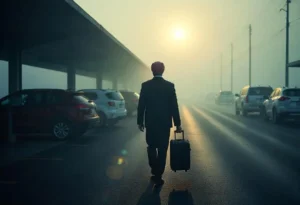 A person in a suit walks down a foggy road between parked cars, pulling a suitcase toward the rising sun.