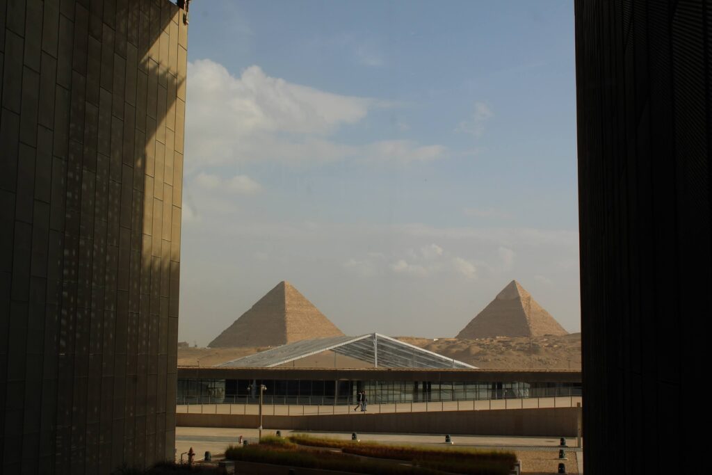 View of the Pyramids of Giza from the entrance of the Main Galleries at the Grand Egyptian Museum