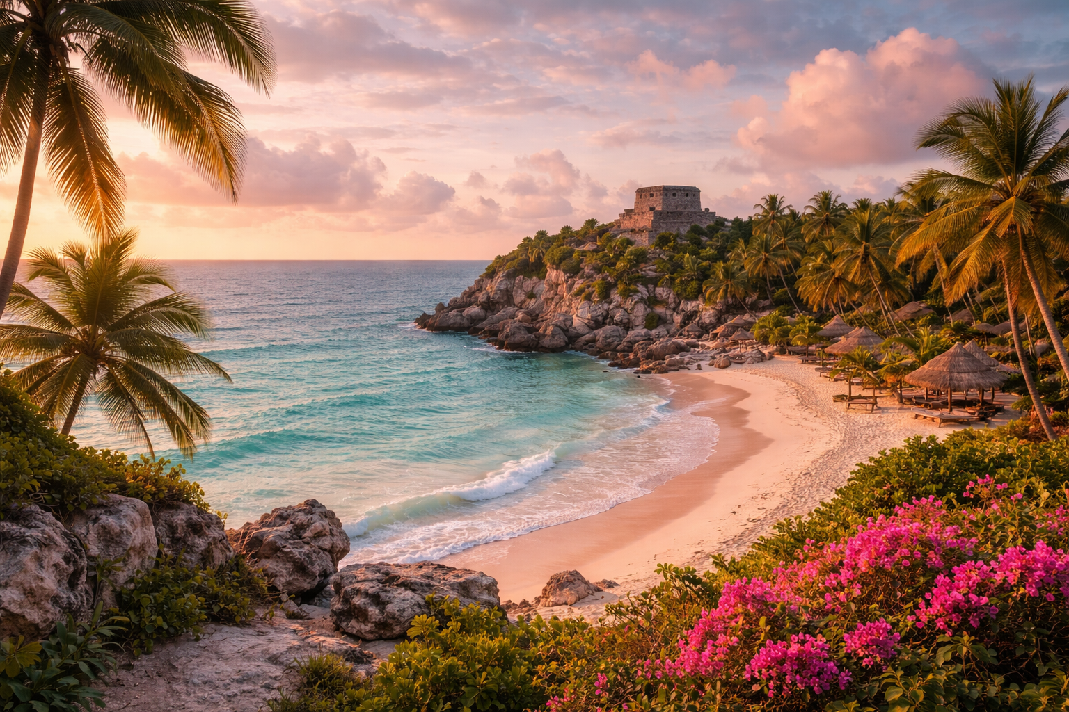 Beautiful Tulum beach in Mexico with ancient Mayan ruins overlooking turquoise Caribbean waters