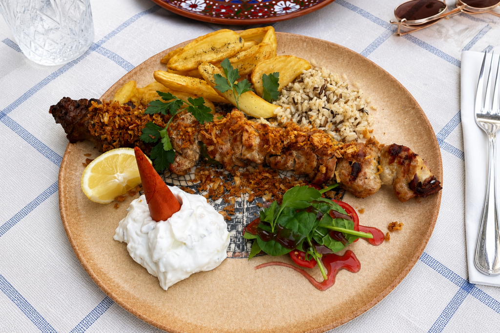 Grilled meat skewers with crispy onions, potato wedges, rice, tzatziki and salad served on a ceramic plate at a Greek seaside restaurant.