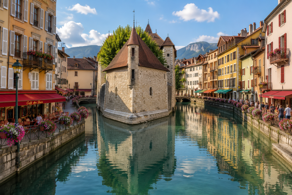 Hidden Gems in Europe - Annecy, France charming canal lined with pastel-colored buildings, flower-filled balconies, turquoise water, and alpine mountains in the background.