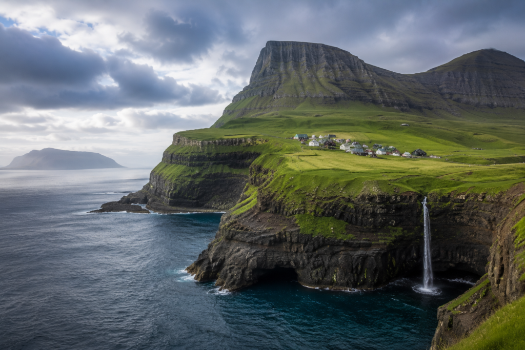 Hidden Gems in Europe - Faroe Islands, Denmark dramatic coastal cliffs with cascading waterfalls, tiny Nordic village, rugged green mountains, and misty ocean views beneath cloudy skies.