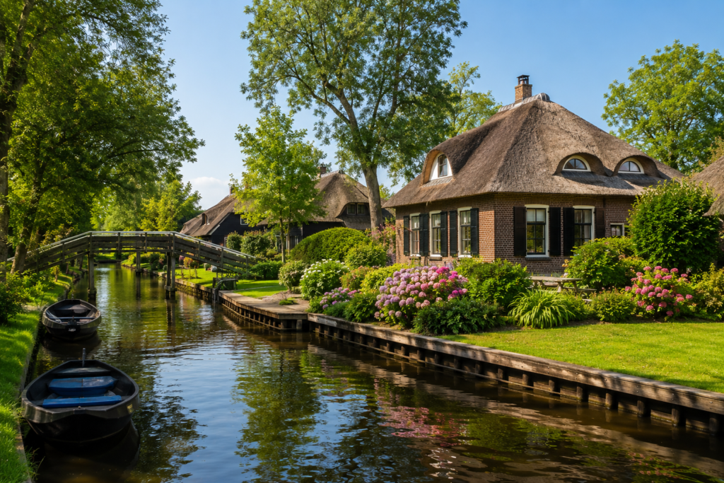 Giethoorn, Netherlands canal lined with traditional thatched cottages, wooden bridges, and calm water under an overcast sky.