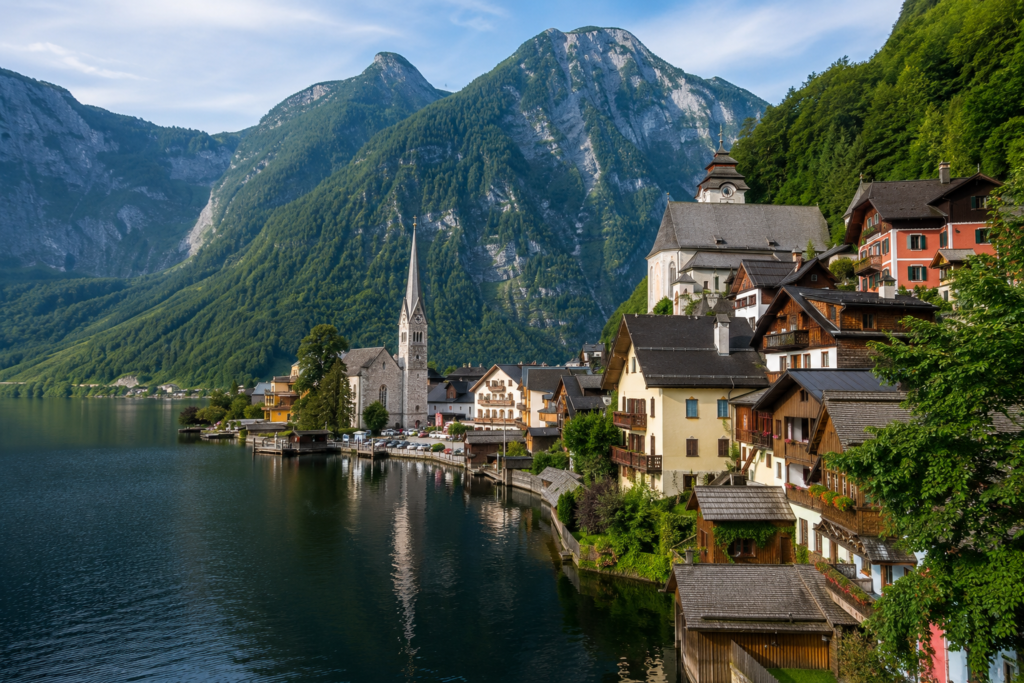 Hidden Gems in Europe - Hallstatt, Austria village beside a calm alpine lake with traditional houses, church spire, and misty mountains in the background.