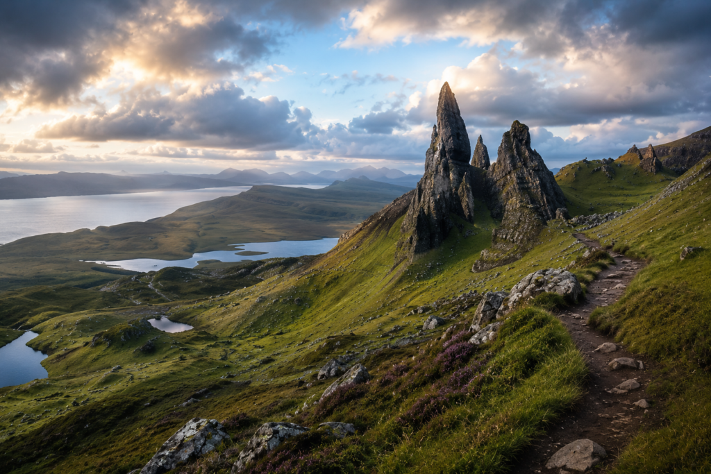 Hidden Gems in Europe - Isle of Skye, Scotland rugged landscape with dramatic mountain peaks, rocky coastline, rolling green hills, and moody skies above remote Scottish scenery.