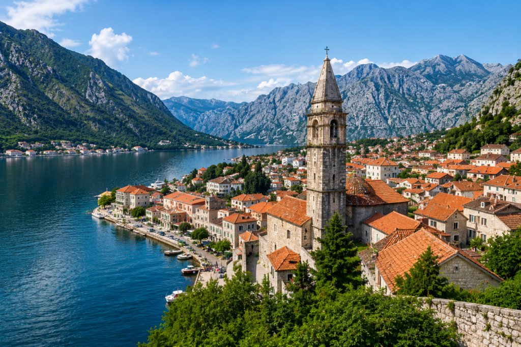 Hidden Gems in Europe - Kotor, Montenegro aerial view of the old town with terracotta rooftops, stone buildings, mountain backdrop, and the calm Bay of Kotor.