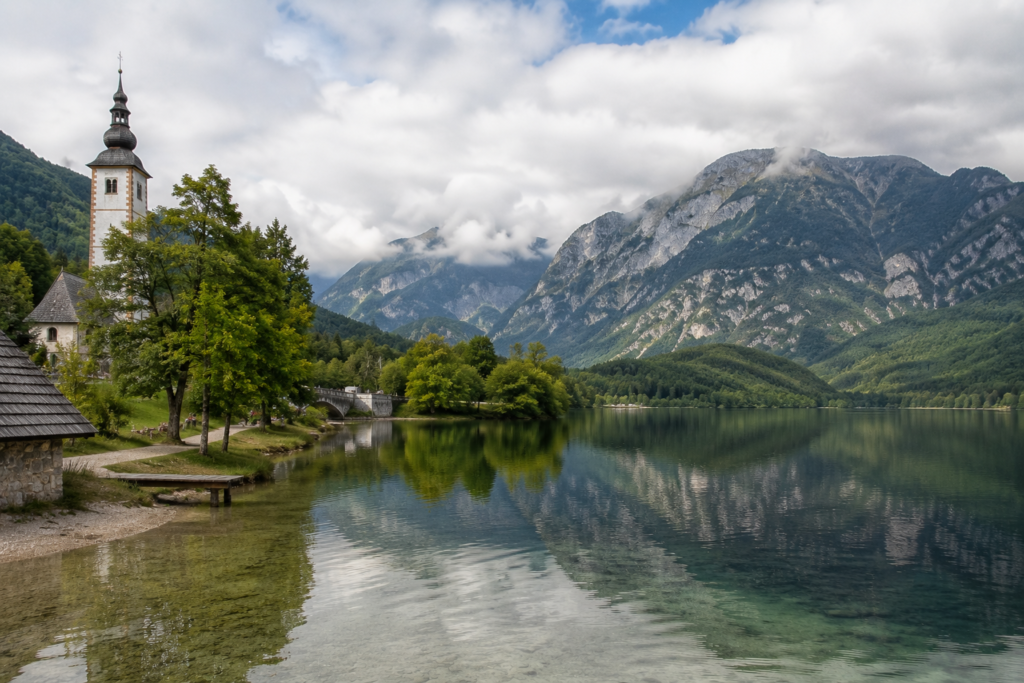 Hidden Gems in Europe - Lake Bohinj, Slovenia peaceful alpine lake surrounded by forested mountains, crystal-clear water, wooden dock, and dramatic cloudy skies.