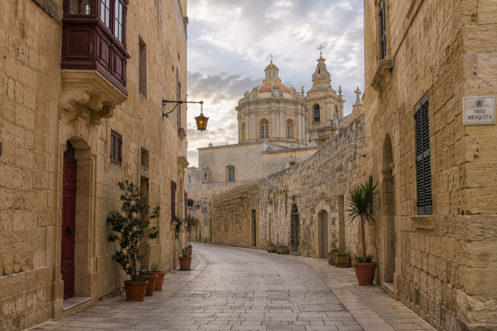 Hidden Gems in Europe - Mdina, Malta narrow limestone street lined with historic sandstone buildings, wooden balconies, lanterns, and a cathedral glowing beneath soft evening light.