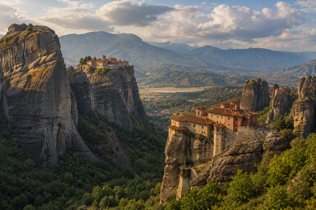Hidden Gems in Europe - Meteora, Greece towering rock formations topped with ancient monasteries overlooking a dramatic valley beneath warm golden-hour light and cloudy skies.