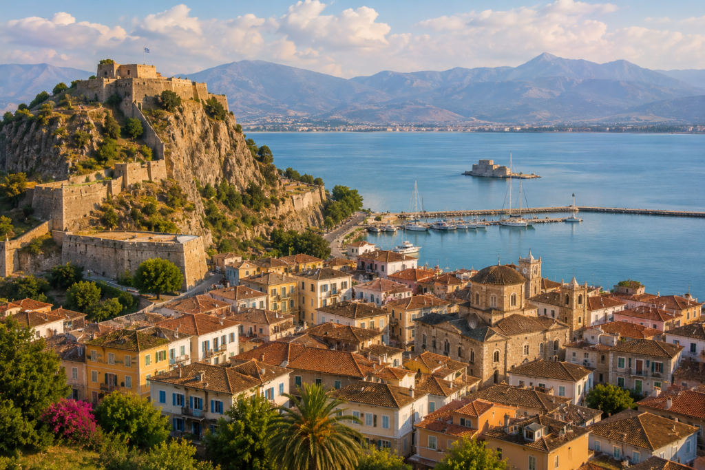 Hidden Gems in Europe - Nafplio, Greece coastal town with terracotta rooftops, stone fortress overlooking the bay, peaceful harbor, and Mediterranean sea views beneath warm sunlight.