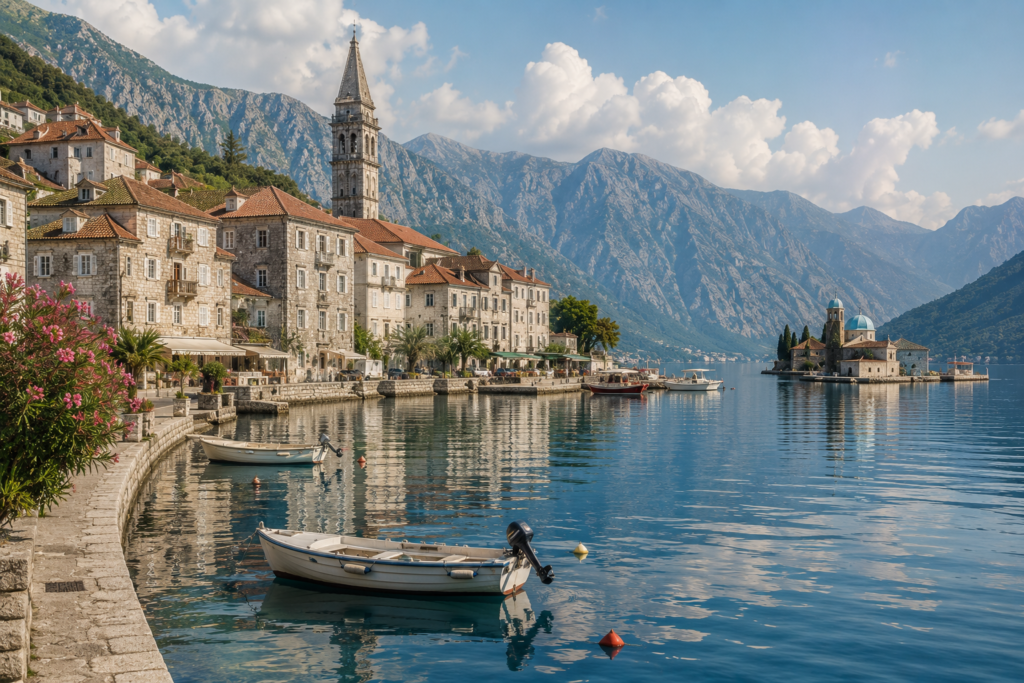 Hidden Gems in Europe - Perast, Montenegro quiet waterfront town with stone buildings, church steeple, small boats on the bay, and mountain scenery reflected in calm Adriatic waters.