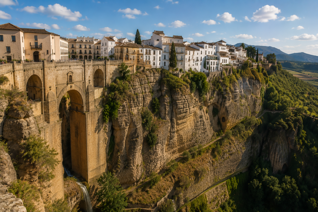 Hidden Gems in Europe - Ronda, Spain dramatic cliffside town with the iconic Puente Nuevo bridge spanning a deep gorge, whitewashed buildings, and rolling Andalusian countryside under warm sunlight.
