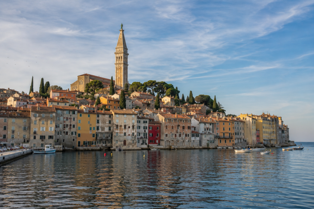 Hidden Gems in Europe - Rovinj, Croatia coastal old town with colorful Mediterranean buildings, terracotta rooftops, fishing boats, and Adriatic Sea views at golden hour.