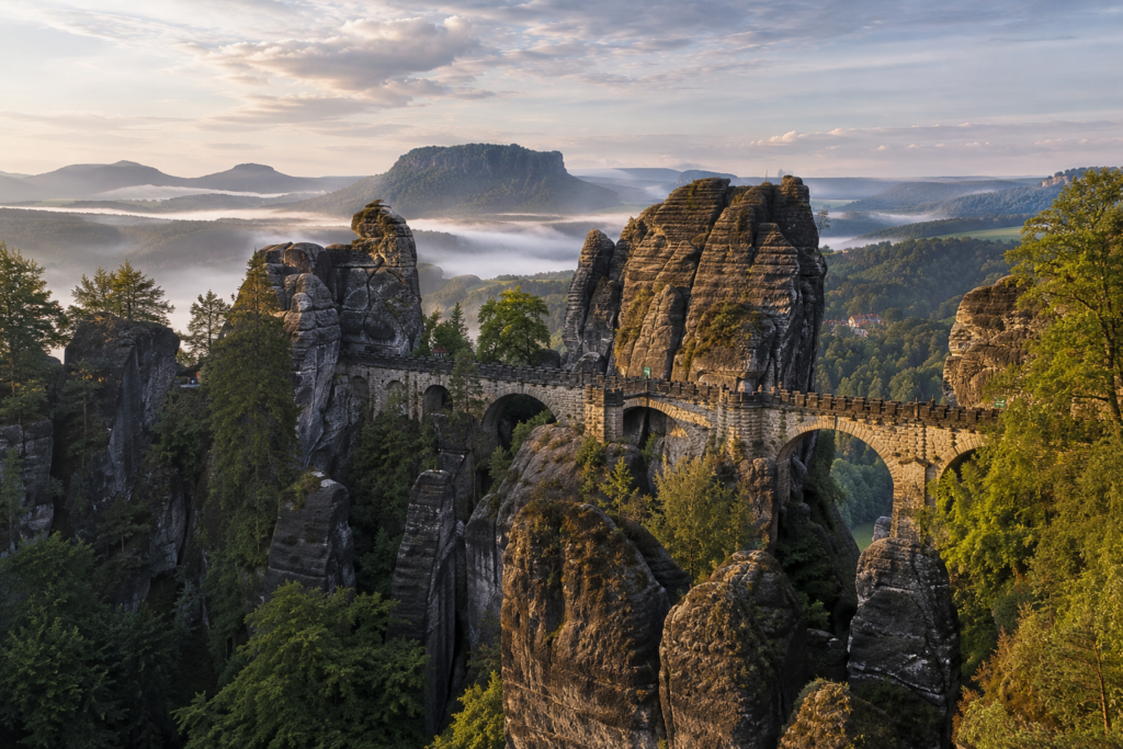 Hidden Gems in Europe - Saxon Switzerland, Germany dramatic sandstone cliffs and forested valleys with the historic Bastei Bridge rising above misty mountain scenery at sunrise.