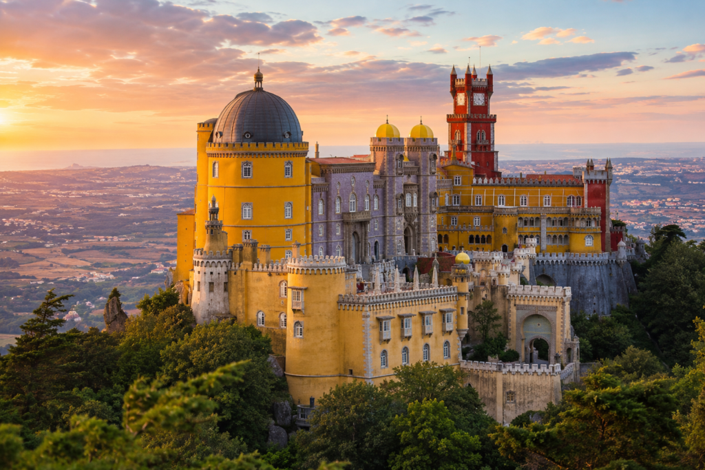 Hidden Gems in Europe - Sintra, Portugal colorful hilltop palace surrounded by misty forest, dramatic towers, ornate architecture, and rolling countryside beneath golden evening light.