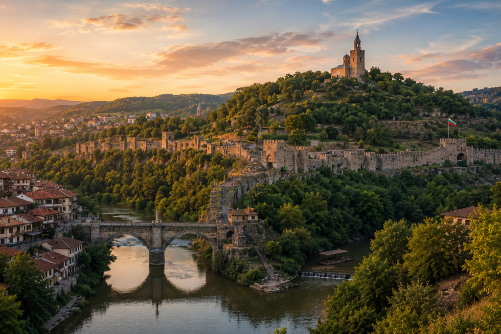 Hidden Gems in Europe - Veliko Tarnovo, Bulgaria historic hillside town with medieval fortress walls, winding river, stone bridge, and traditional buildings beneath a colorful sunset sky.