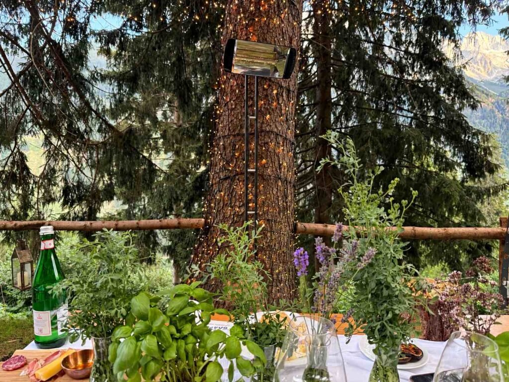 Chalet Al Foss Alpin Chef view with fairy lights wrapped round tree decorated table and herbs